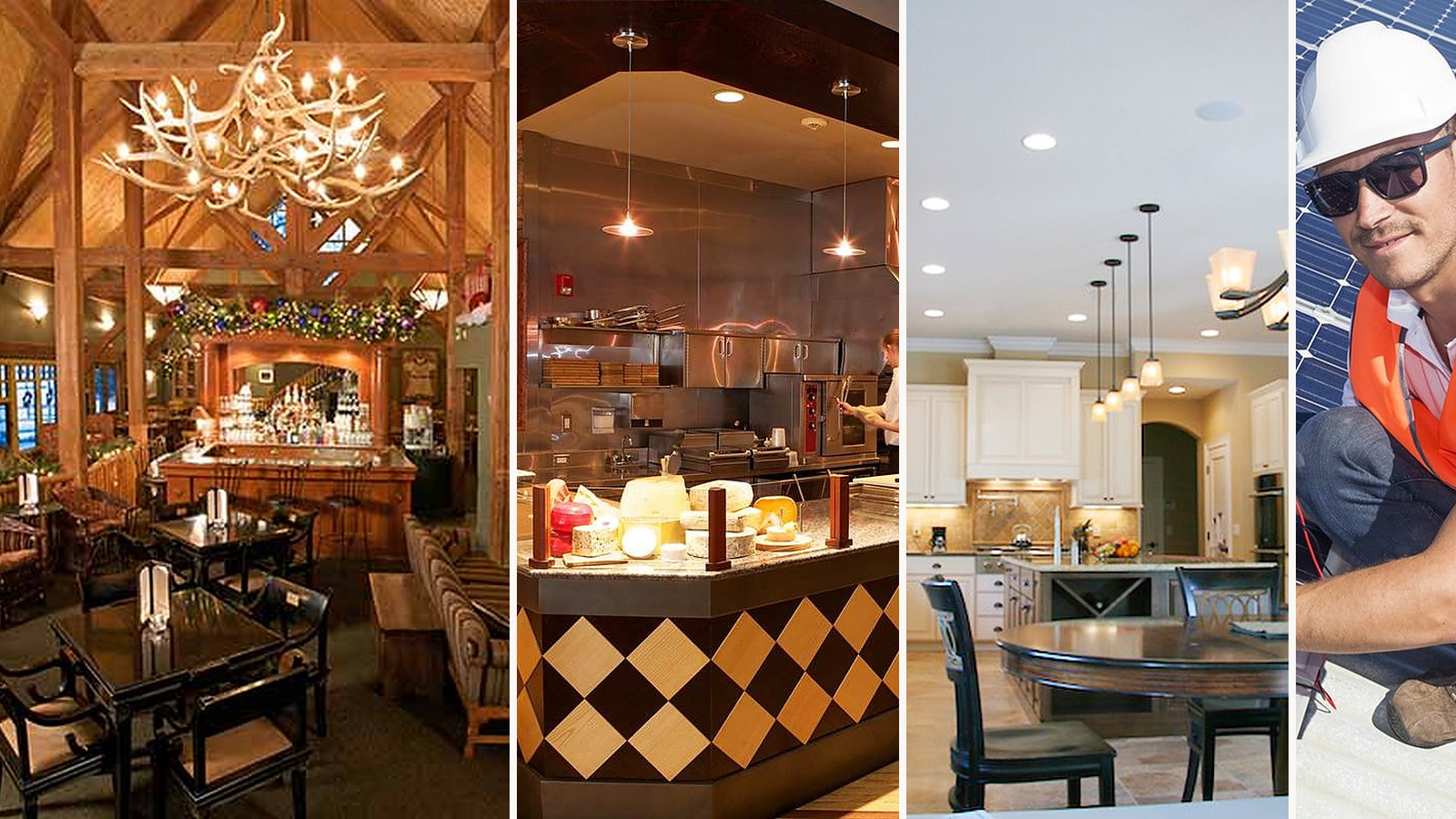 Real First Aid Electric project work: Buffalo Mountain Lodge lounge, Divino restaurant kitchen lighting, a Calgary home chandelier install, and a technician servicing solar panels